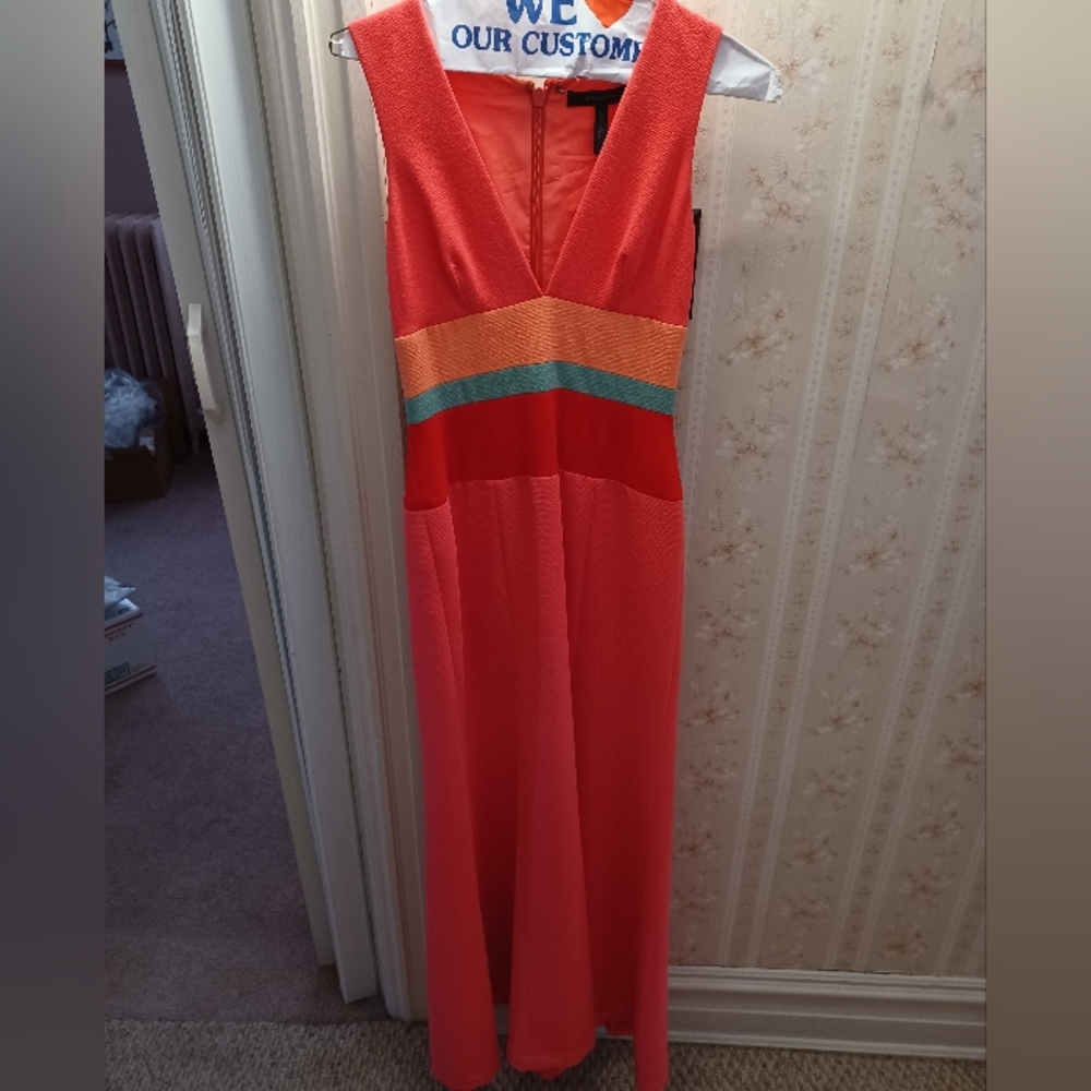 Sleeveless Coral Maxi Dress with Colorblock Waist